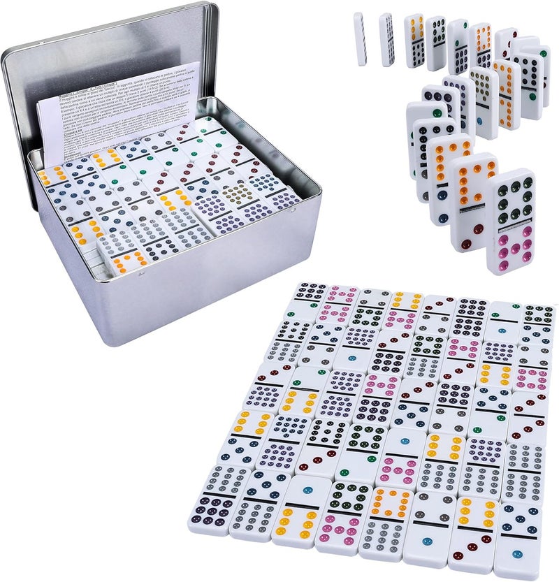 Offelec Double 15 Dominoes Set for Adults - Classic 136 Tiles Colored Dots Double Fifteen Dominos with Tin Box, Portable Domino Game - Ideal for Family Fun Game Night, Travel, Party - 2-8 Player Games - Image 1